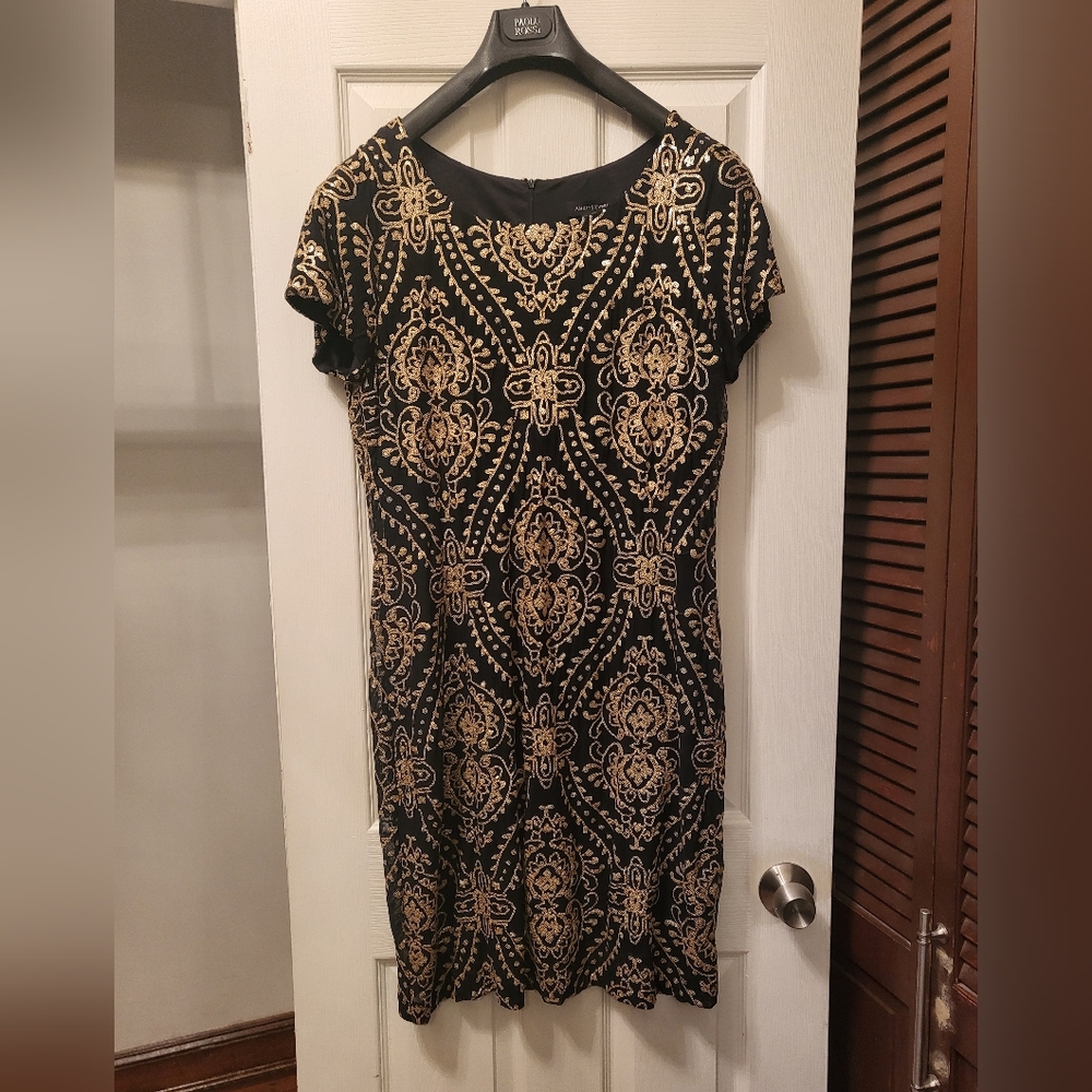 Ashley Stewart Elegant Black and Gold Midi Dress